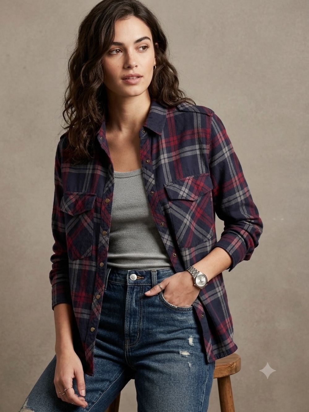 Forever 21 Navy, Red & Gray Plaid Long Sleeve Button-Up Shirt women’s small